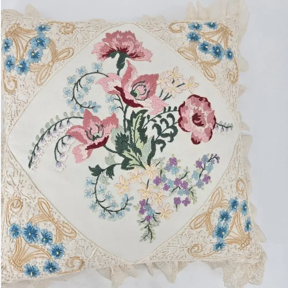 Vintage 90s Grandmacore Embroidered Candmar Designs Victorian Style Throw Pillow